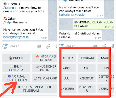 Contoh menu dan submenu bot telegram informasi cuaca dan iklim