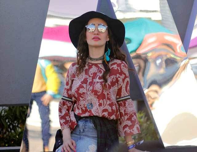 Vero Moda Sula Fest'16 Vero Moda Sula Fest'16, Vero Moda Paisley Bell-sleeve top, ripped denim skirt, plaid shirt, boho-chic, 70's fashion,music festival look, floppy hat, mirrored sunglasses