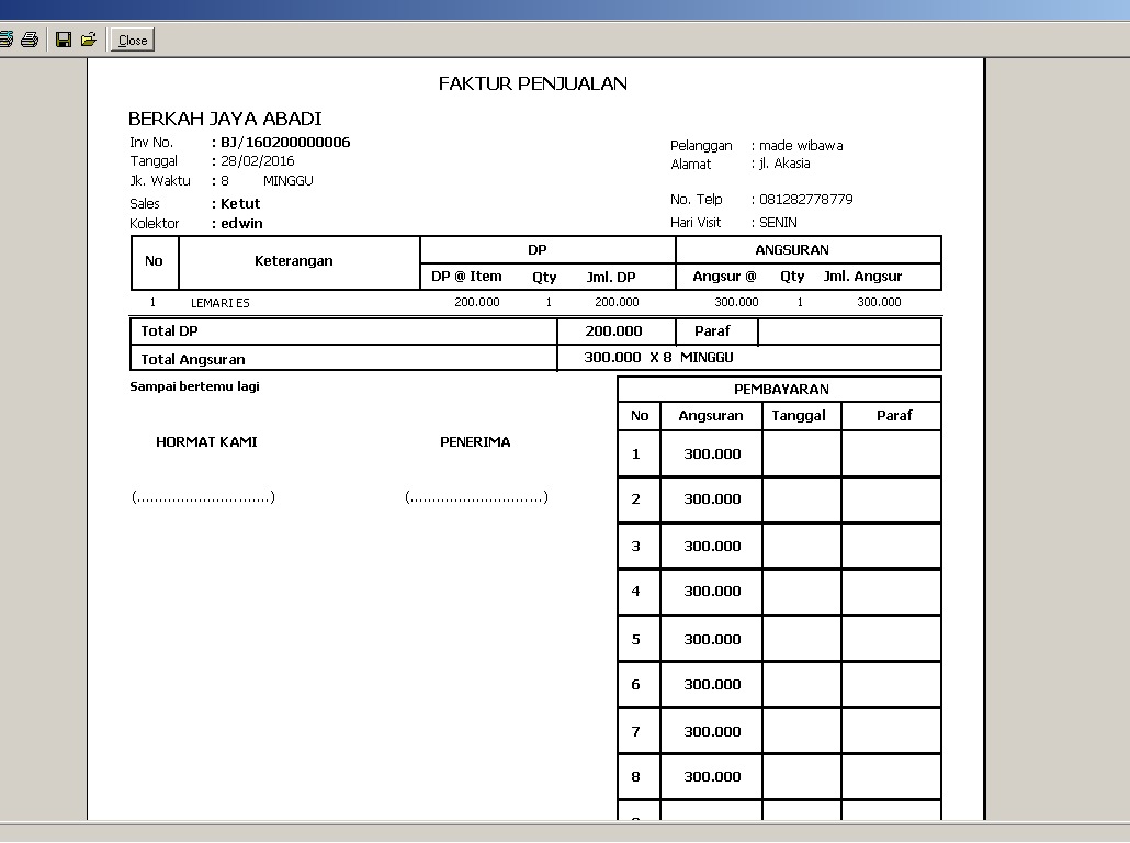 Contoh Nota Penjualan Toko Furniture Percontohan F