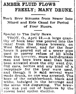 News clipping about Henne Brewery in Troy dumping beer in 1909 as a result of county dry vote.