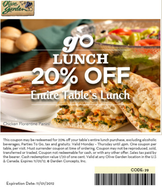 Barbara's Beat Save 20 off lunch at Olive Garden 11/1