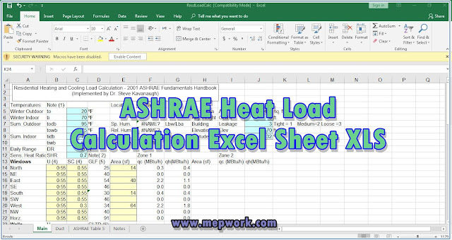 Download ASHRAE Heat Load Calculation Excel Sheet XLS