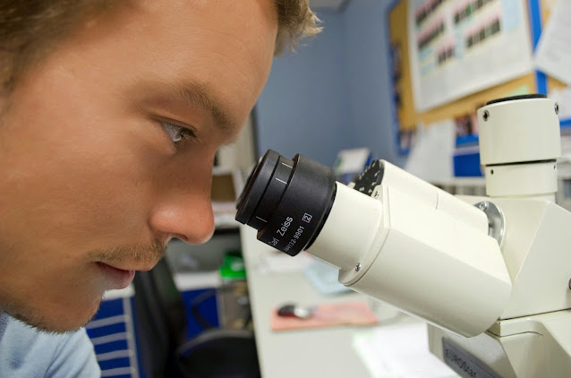 Mann schaut in ein Mikroskop