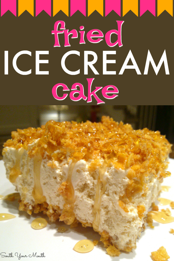 Fried Ice Cream Cake! An easy, unique dessert recipe with whipped ice cream sandwiched between crunchy, buttery crushed cornflakes that's JUST like fried ice cream.
