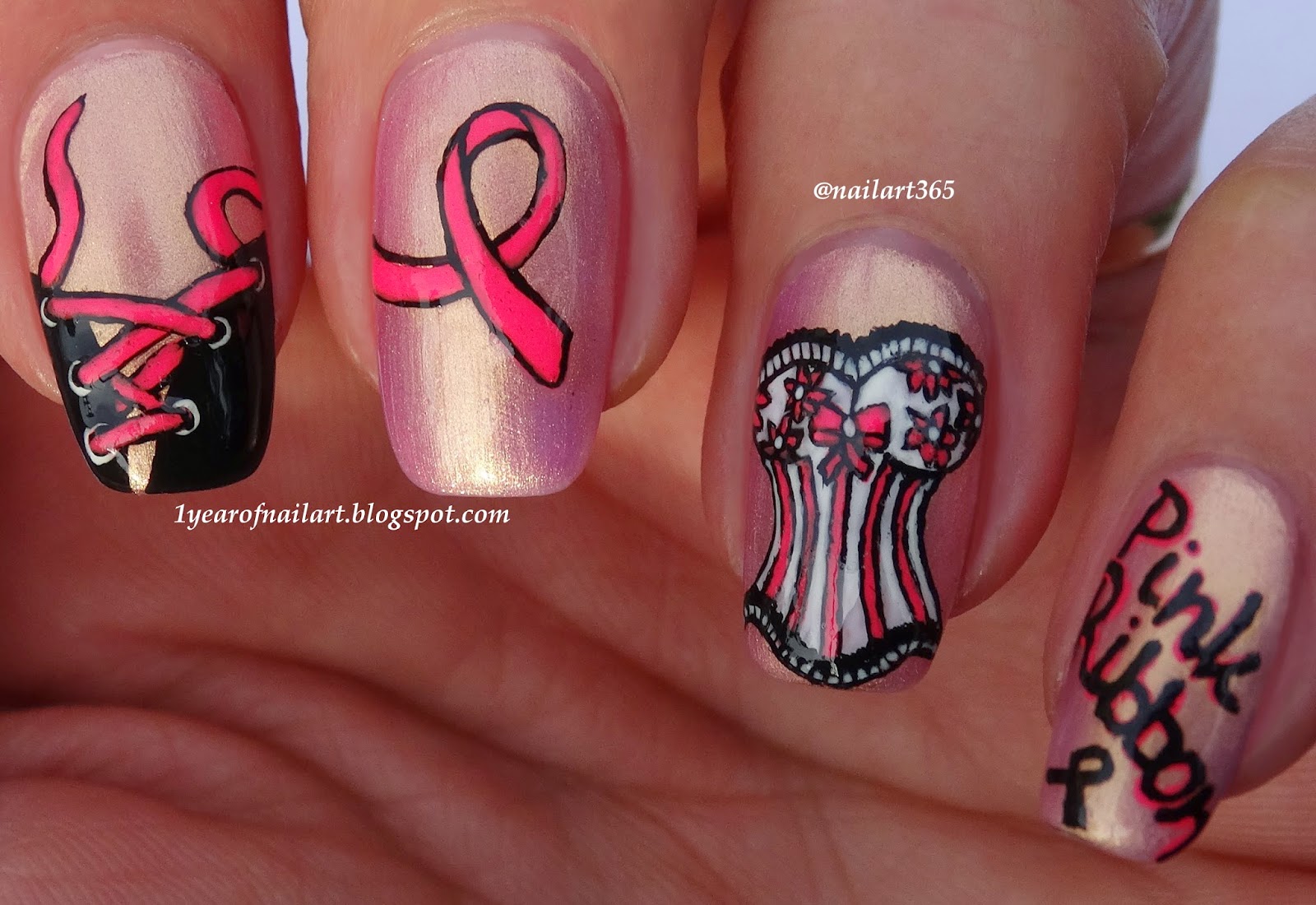 365+ days of nail art Breast Cancer Awareness nail art