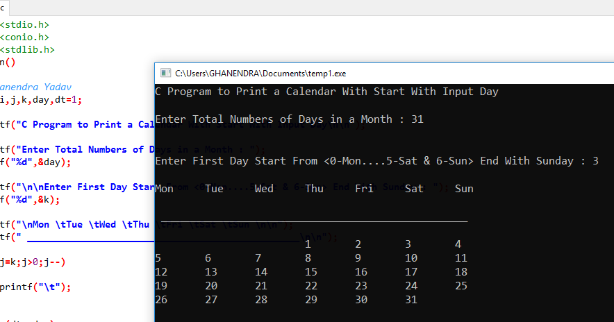 C Program To Print A Calendar By Taking Input From User Using Loop