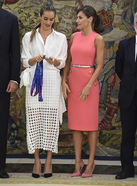 Queen Letizia wore a button detail stretch wool dress by Michael Kors. swimmer Ona Carbonell at Zarzuela Palace in Madrid