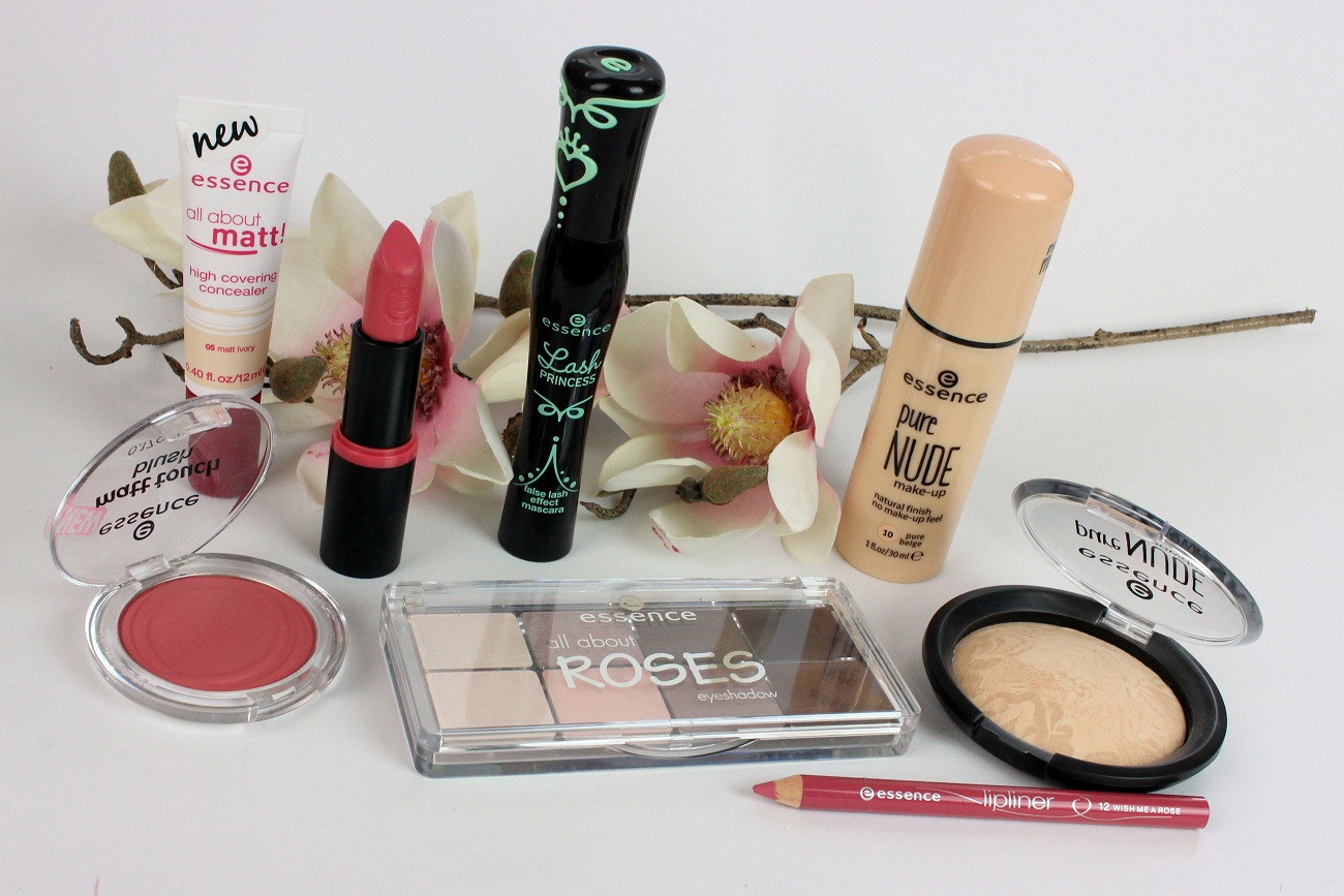 all about roses, concealer, cosmetics, drogerie, essence, foundation, glowcon, helle haut, lipliner, longlasting lipstick, look, make-up, mascara, palette, puder, pure nude, review, swatches, unterschiedliche farbtypen