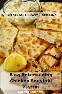 I'm revealing my famous Easy Entertaining Chicken Souvlaki:  Plump, juicy chicken breasts marinated with Greek flavors such as lemon, garlic, oregano, and wine. This easy summer dish turns finger food up to a new level. - Slice of Southern