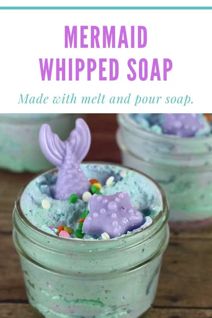 How to make fluffy whipped soap. This easy DIY recipe is made with melt and pour soap. This fun soap is made from scratch and is great for kids.  Use this mermaid foaming whipped soap as a shaving cream or as a base for a sugar scrub. Follow tutorials for soap ideas and homemade foaming soap. Packaging in jars like frosting. Add grapeseed oil for dry skin.  #soap #whippedsoap #mermaid