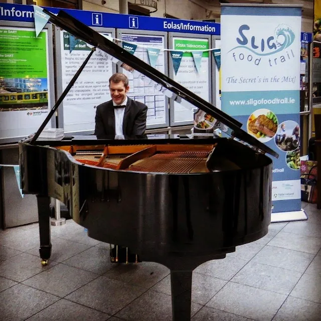 Sligo's Kieran Quinn plays the piano in Connolly Station in Dublin