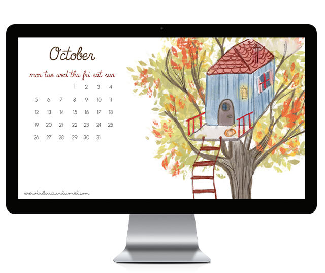 october 2015 illustrated desktop wallpaper with calendar, tree house