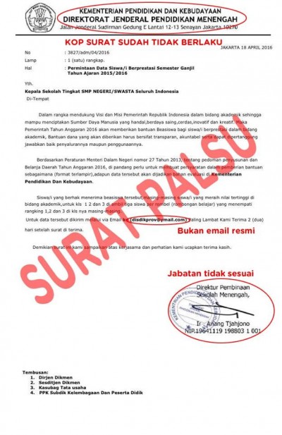 Surat Palsu Atas Nama Kementerian Pendidikan dan Kebudayaan Surat Palsu Atas Nama Kementerian Pendidikan dan Kebudayaan
