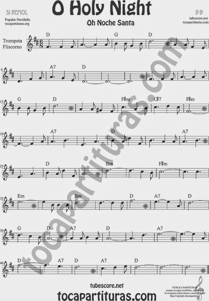 O Holy Night Partitura de Trompeta y Fliscorno Sheet Music for Trumpet and Flugelhorn Music Scores Oh Noche Santa