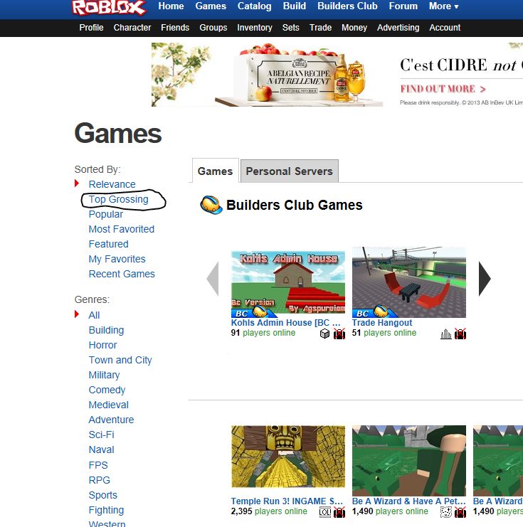 Unofficial Roblox Roblox Update Their Games Page With Top Grossing Feature - top 10 roblox games 2013