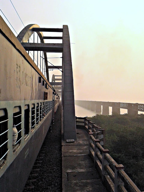 Picture taken while train is crossing the river Godavari