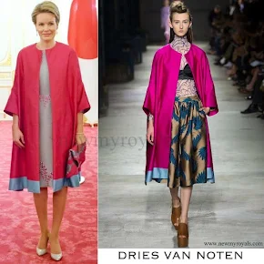 Queen Mathilde wore DRIES VAN NOTEN Silk Coat from Spring/Summer 2016 Collection