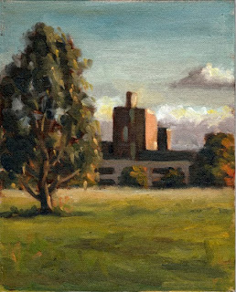Oil painting of a small eucalypt with a modern hospital building in the background, illuminated by the late afternoon sun.