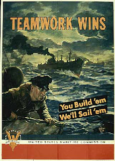 Teamwork Wins poster Soldier serving in war, Navy ships on the water
