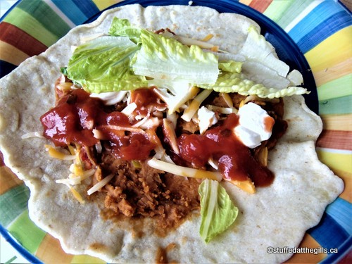 Fully loaded burrito with beans, cheese, sour cream, salsa, lettuce.