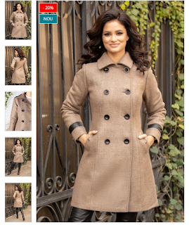 Palton bej elegant bej de dama cu insertii din piele pentru iarna gros Palton bej elegant bej de dama cu insertii din piele pentru iarna gros