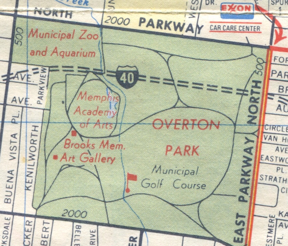 this closeup of overton park is from a 1973 exxon map by general drafting co inc the dashed lines with an interstate shield says it all this closeup of overton park is from a 1973 exxon map by general drafting co inc the dashed lines with an interstate shield says it all