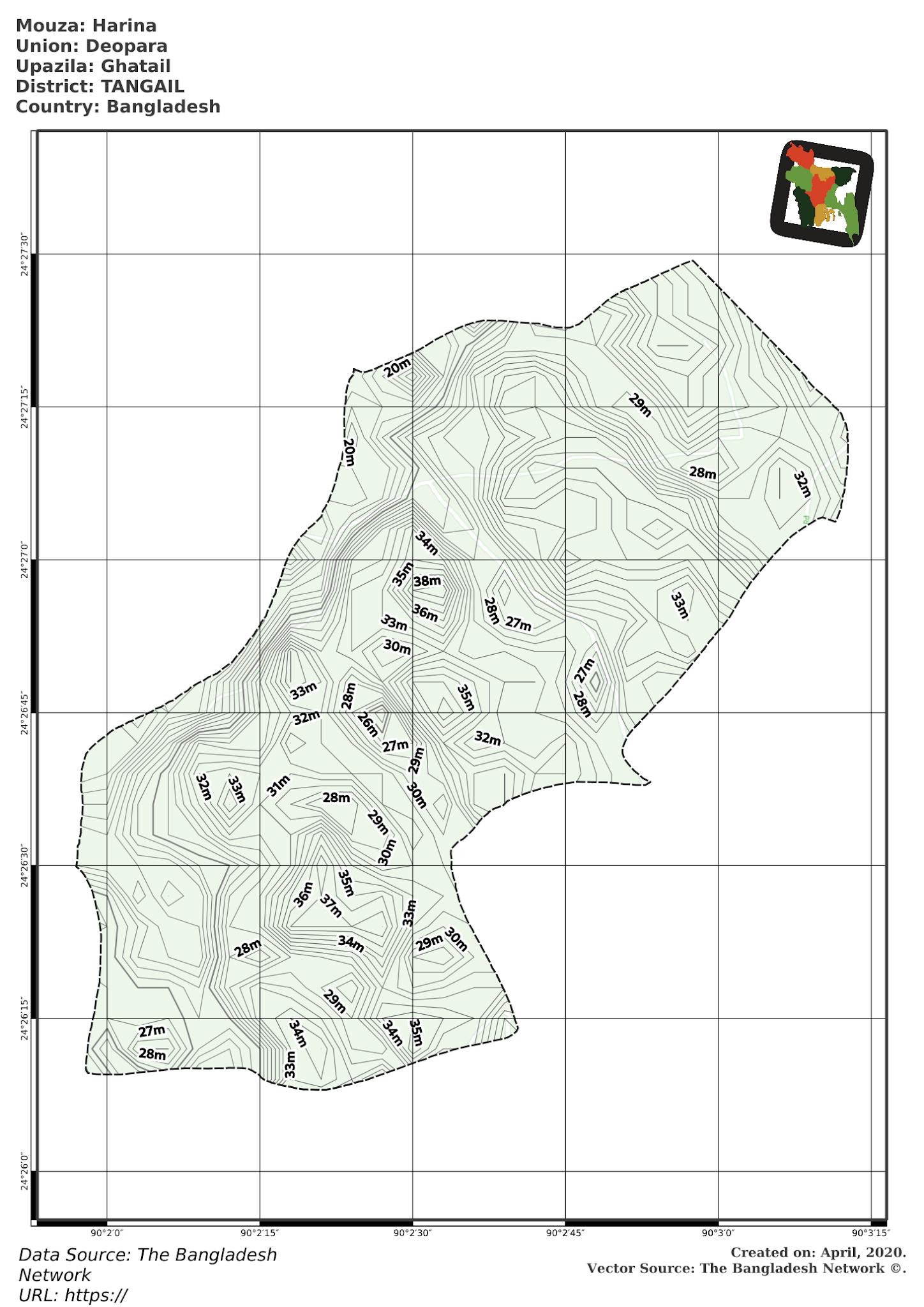 Map of Harina Mouza of Ghatail Upazila, TANGAIL, Bangladesh.