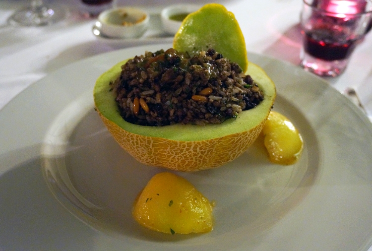 Euriental | Istanbul, Turkey. Baked melon stuffed with minced meat, currants, rice, almonds and herbs at Asitane.