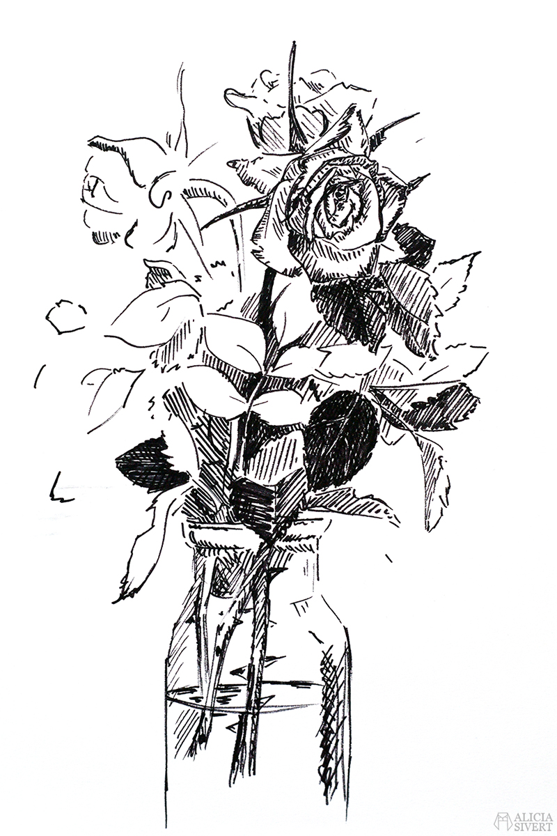 Rosor i bukett, tuschteckning av Alicia Sivertsson. / A bouquet of roses, drawing by Alicia Sivertsson. alicia sivert sivertsson aliciasivert konst konstverk teckning teckningar drawing drawings art tusch ink bläck tuschpenna rosor ros bukett rosenbukett rose roses bouquet vas kreativitet skapa skapande
