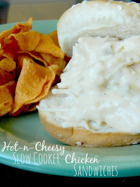 Hot-n-Cheesy Slow Cooker Chicken Sandwiches...5 minutes of prep, 6 hours on LOW, dinner is ready!  Cheesy chicken on a bun! (sweetandsavoryfood.com)