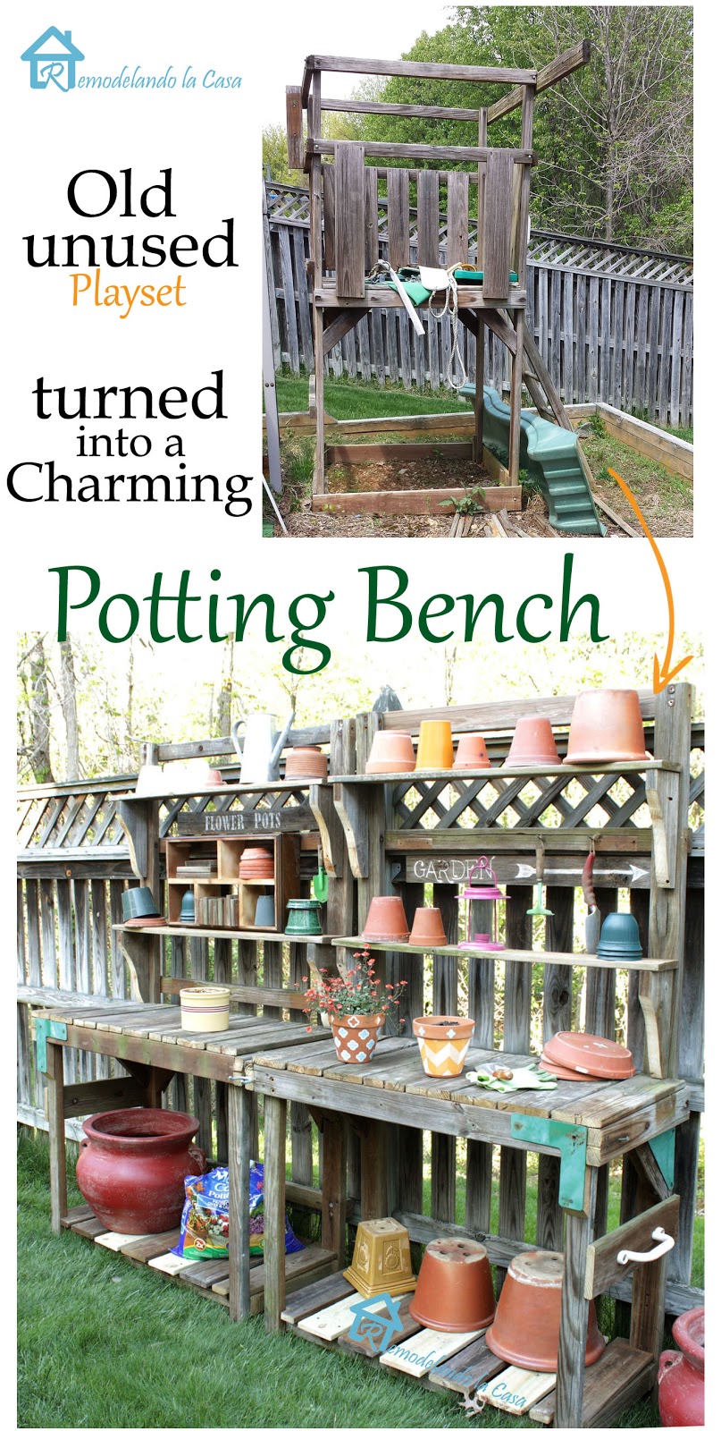 repurpose an old playset into a potting bench