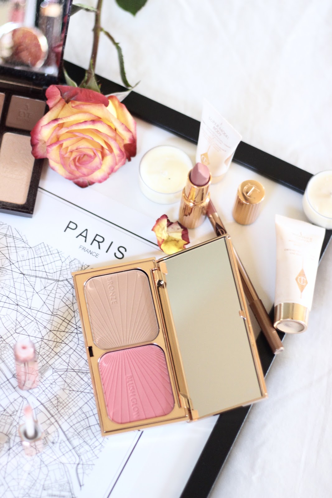 Charlotte Tilbury- Paris travel beauty/skincare essentials ; magic cream, lip lustres, look in a palette, pillow talk, filmstar, wonderglow, goddess clay mask