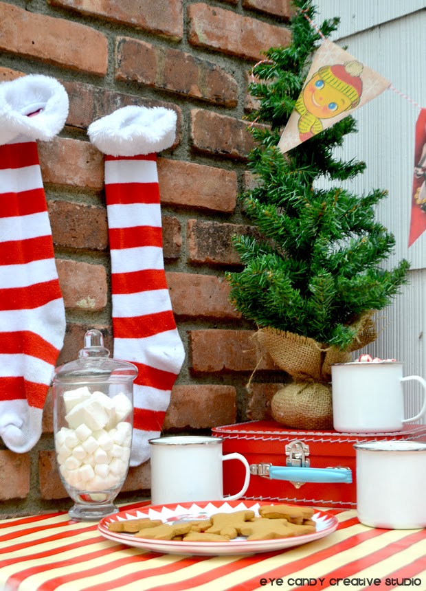 christmas tree, striped stockings, marshmallows, cocoa bar. cookies