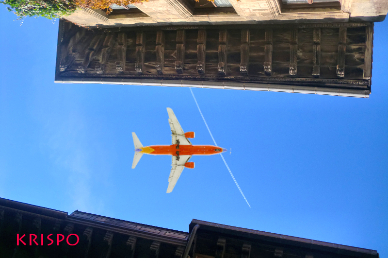 vista desde abajo de aleros de tejado con un avion