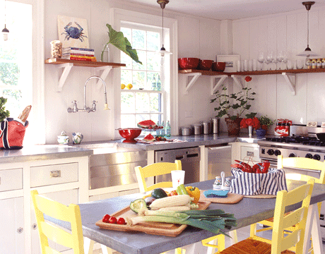 coastal kitchen with yellow chairs