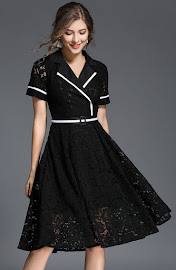 2018 Short Sleeve Black/White Flare Lace Dress