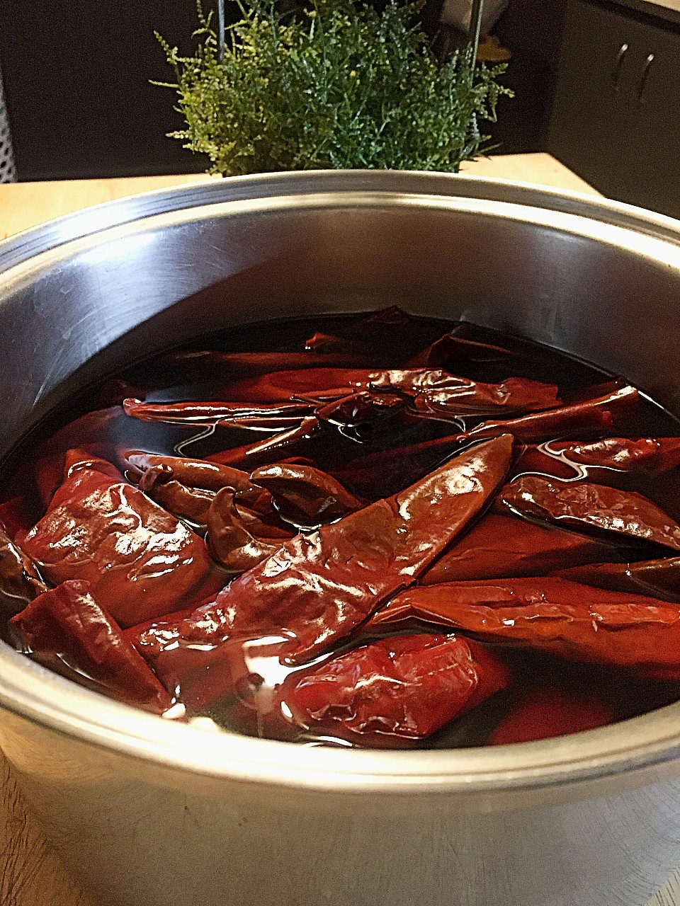New Mexico Red chile New Mexico Red Chile soaking in cooking pot