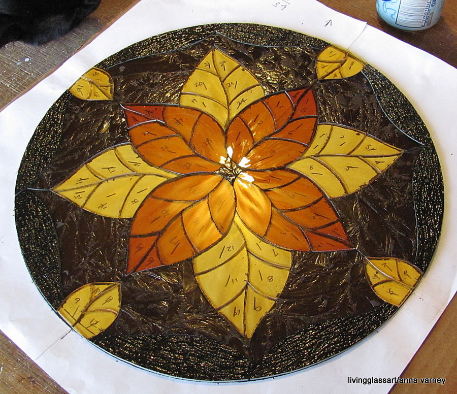 Living Glass Art Golden amber leaves in stained glass