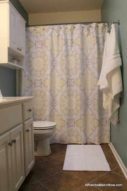 guest bathroom makeover - aqua, white, gray, yellow - @whatchamakinnow