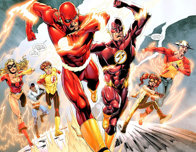 (L to R: Jesse Quick, Max Mercury, Kid Flash (Bart Allen), Barry Allen, Wally West, Impulse (Irey West), Jay Garrick