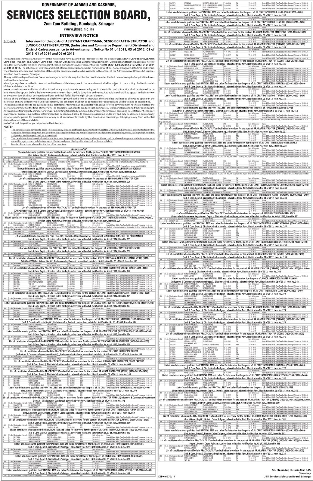 JKSSB Interview Notification for Assistant Accountant Posts in Finance Department