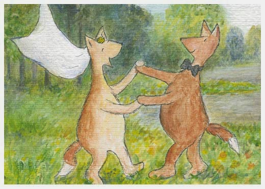 Kettujen häät / Wedding of foxes Postcard illustration of wedding of two foxes.