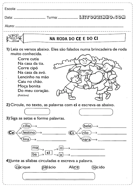 Circule, no texto, as palavras com Ci e escreva-as, Siga as setas e forme palavras