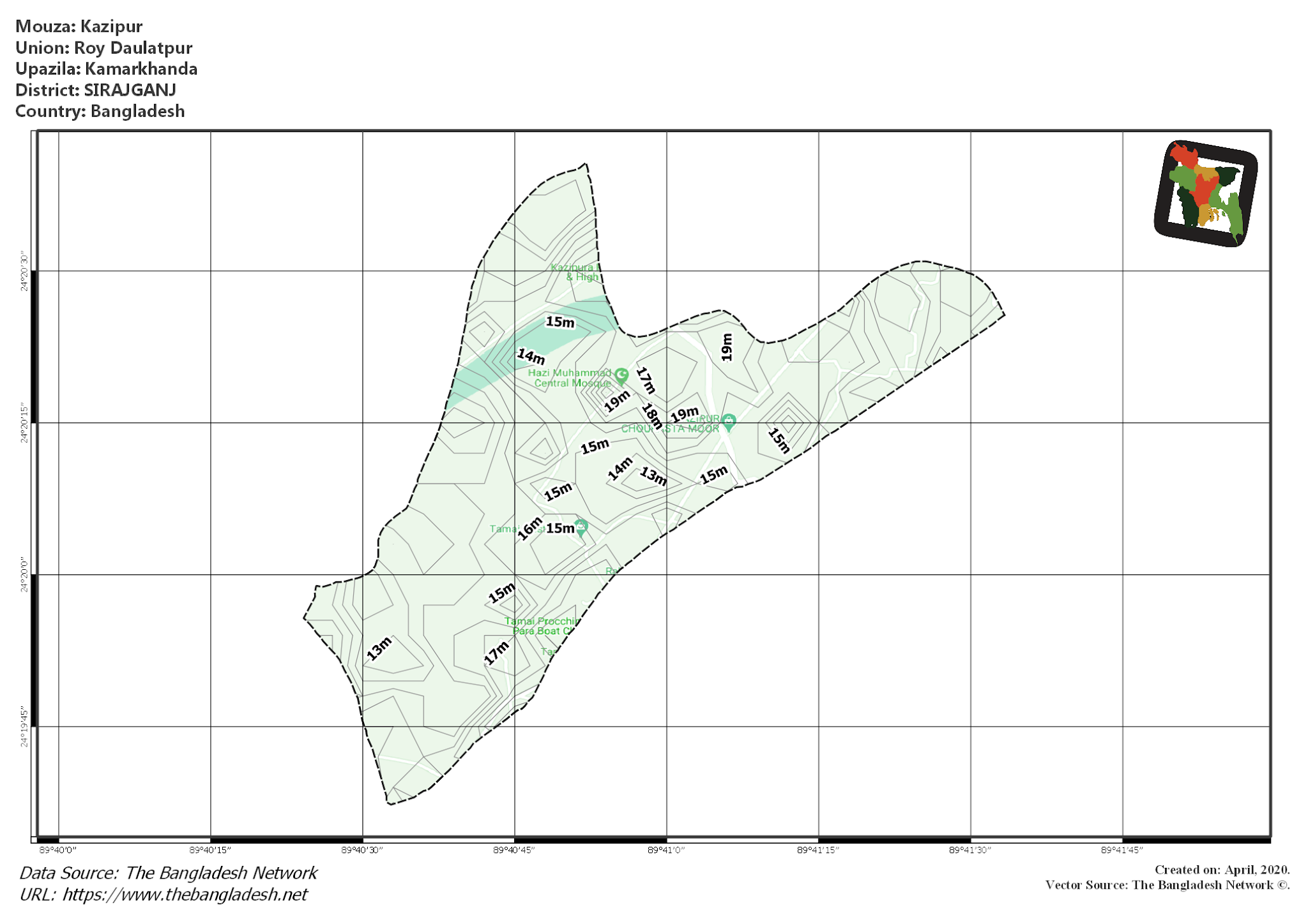 Map of Kazipur Mouza of Kamarkhanda Upazila, SIRAJGANJ, Bangladesh.