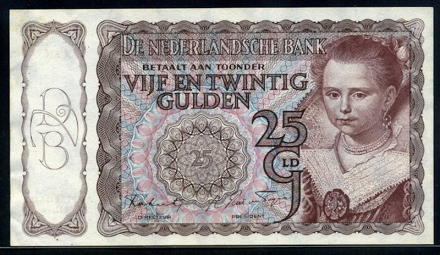 Netherlands currency Dutch guilder banknotes 25 Gulden Princess banknote