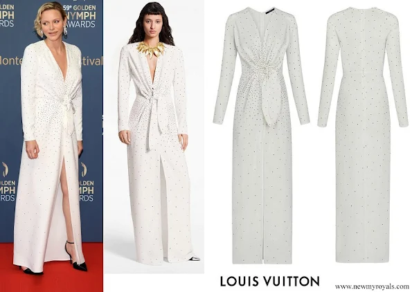 Princess Charlene wore Louis Vuitton long embroidered dress