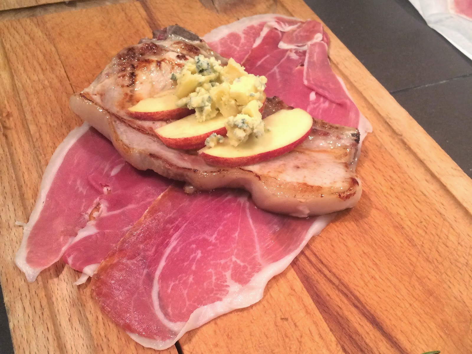 Just a Butcher's Daughter Pork Chops with Cashel Blue, Apple and Parma Ham