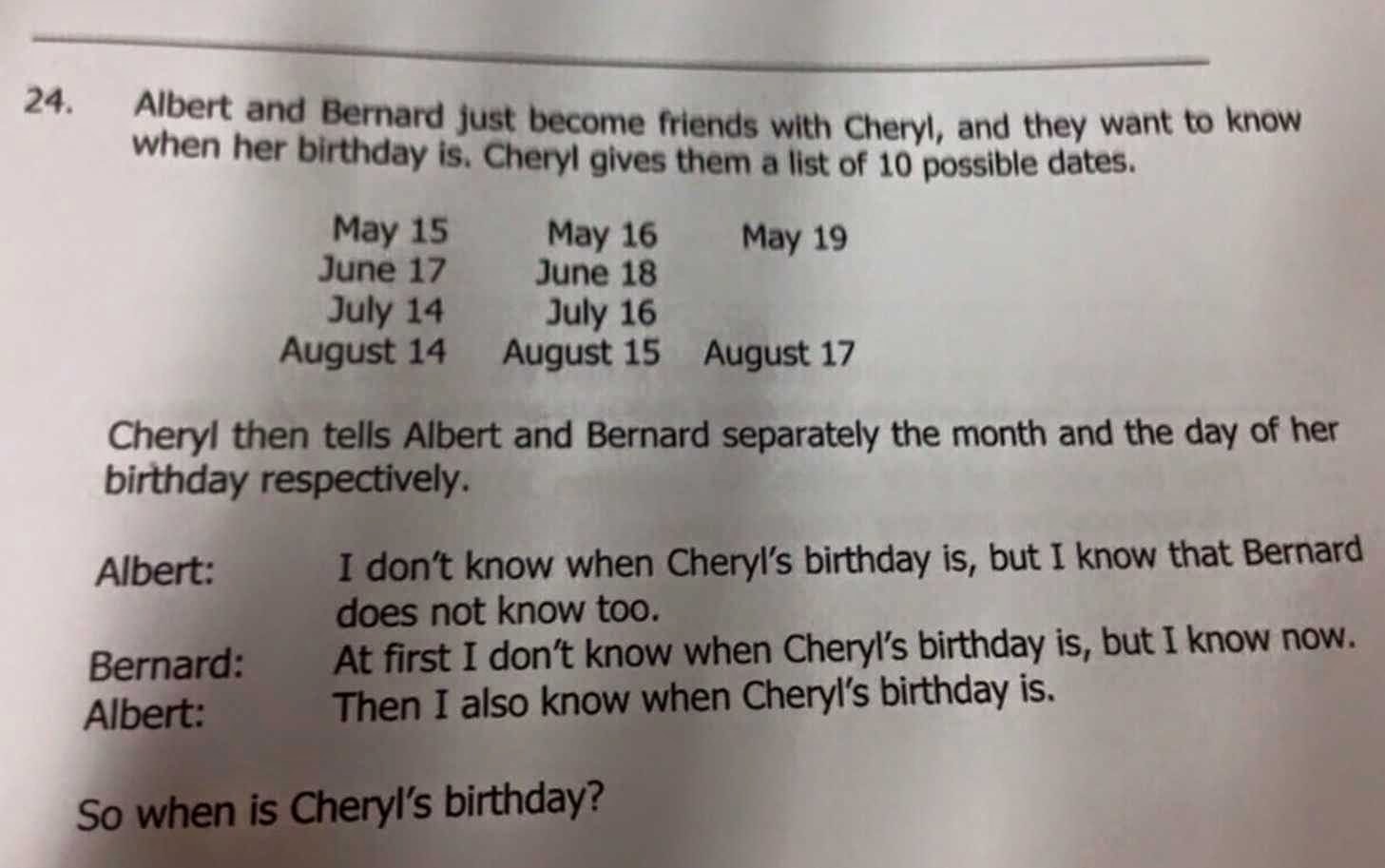 When is Cheryl's Birthday?