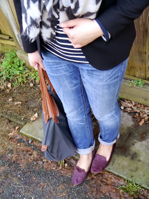 Weekend casual: Black blazer, stripes, houndstooth, smoking slippers and boyfriend jeans