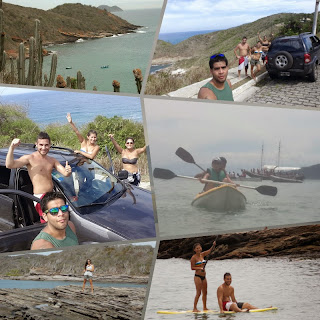 Collage: Foto de una bahia de mar calmo, familia junto al auto en un parador panorámico. Playas, vacaciones.